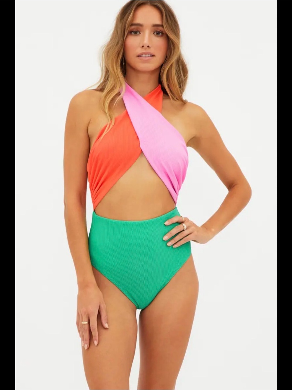Beach Riot Orange, Pink & Green Twist Halter One-Piece NWT